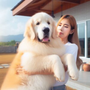 大型犬を運ぶ女性
