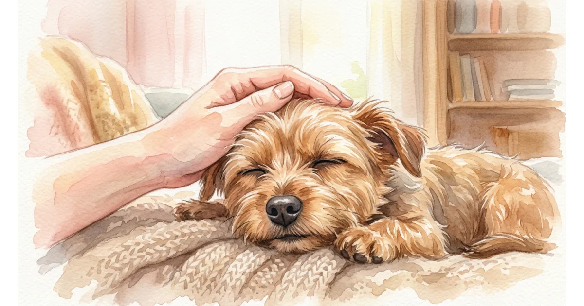 愛犬を優しく撫でる飼い主の手と安らぐ犬
